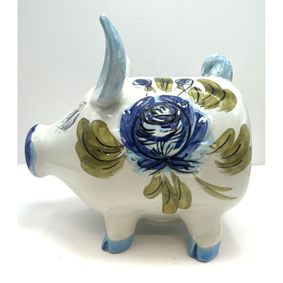 Vintage Italian Ceramic Piggy Bank Blue Flowers PIG BANK Made In Italy 5.5 X 5.5 - Picture 5 of 13